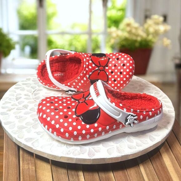 Crocs Kids Minnie Mouse Lined Classic Clog Red Polka Dot Cozy Disney Parks Size - Picture 6 of 12